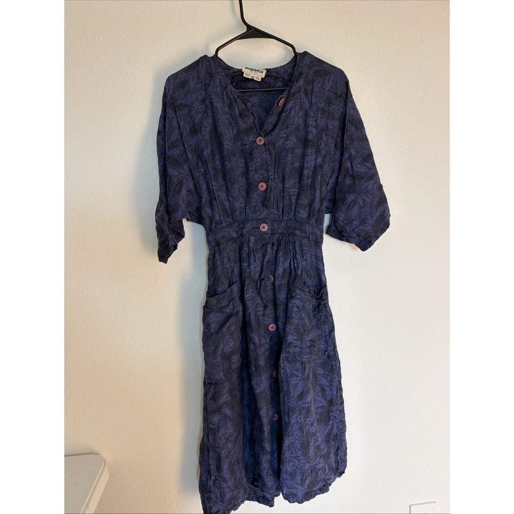 Lord & Taylor Tomatsu New York 100% linen Deep Blue Leaf Print dress Sz XS